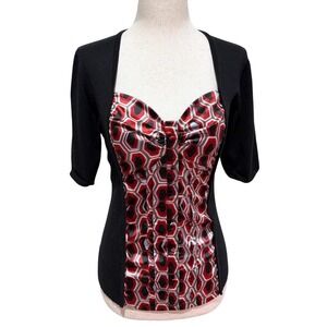 Y2K 2000s‎ Red and Black Geometric Corset Cardigan Layered Top Office Siren
